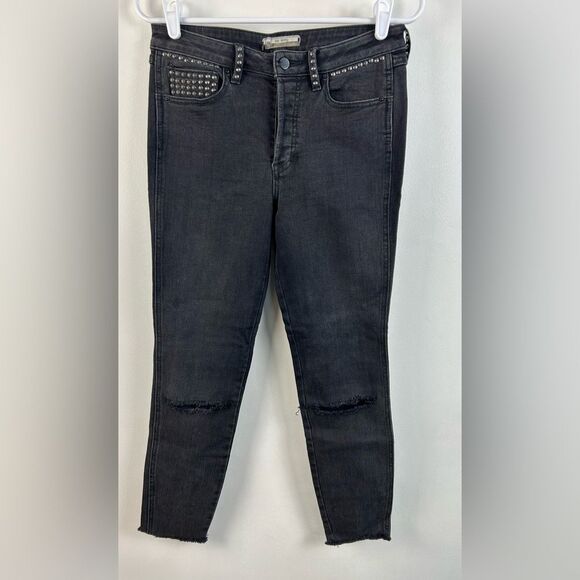 Free People Button Fly Studded Distressed Raw/Frayed Hem Black Jeans - Size 27 - Picture 1 of 10